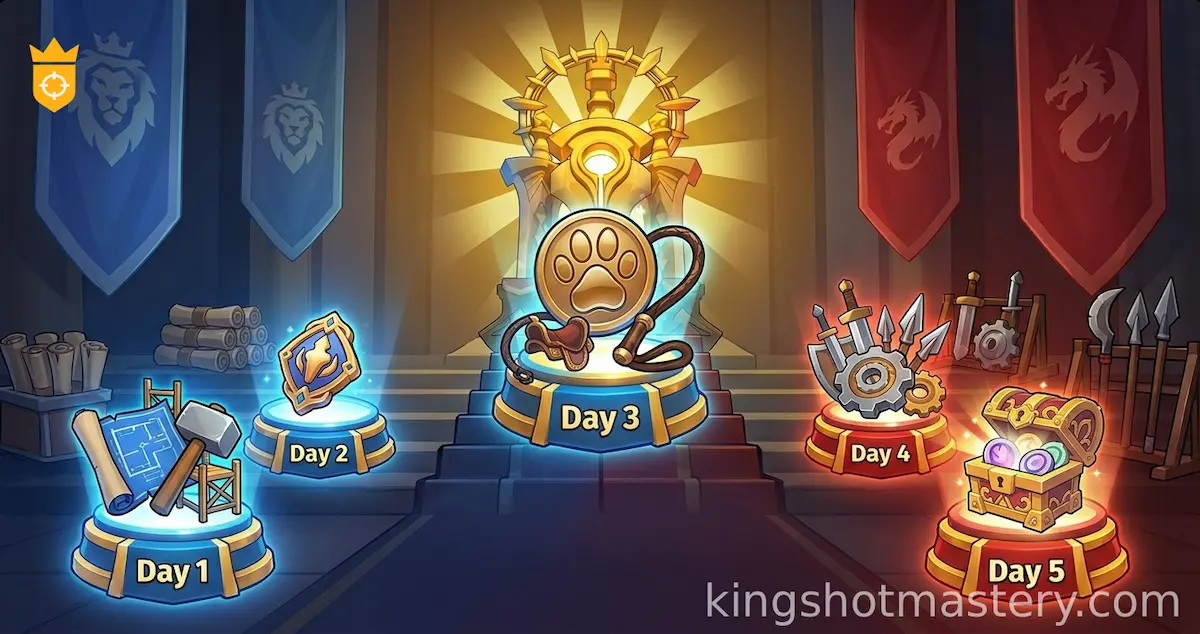 Kingshot KvK prep guide header showing Day 1 to Day 5 prep milestones
