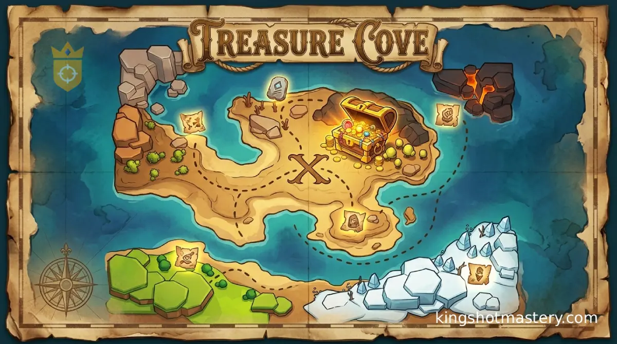Kingshot Treasure Cove event guide header with map shards and Captain's Treasure